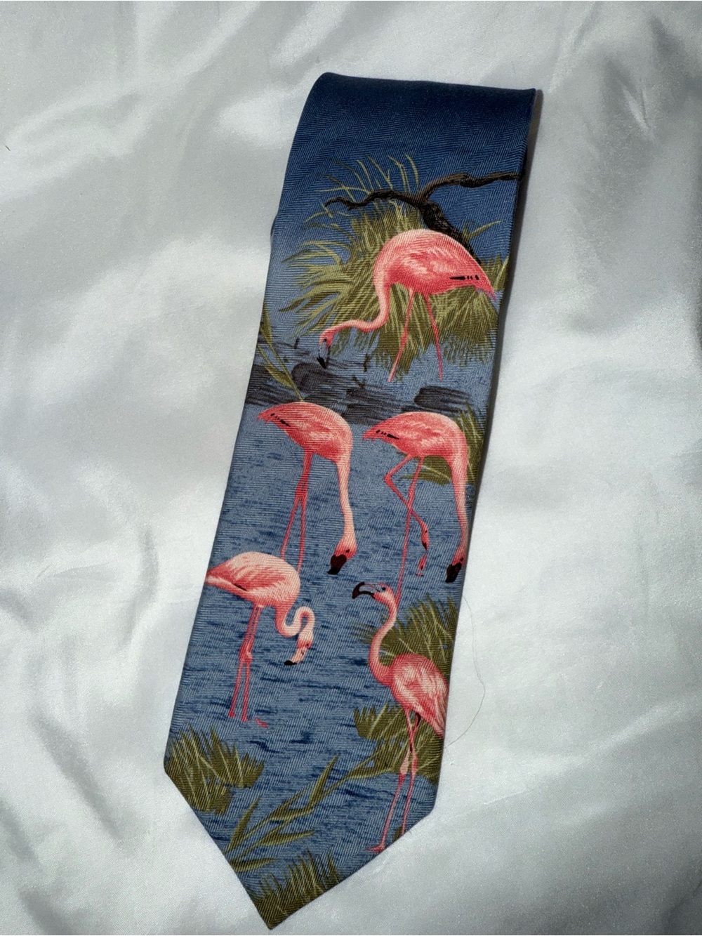 Carribean Men's Blue Flamingo Silk Print Tie - Pink Accent